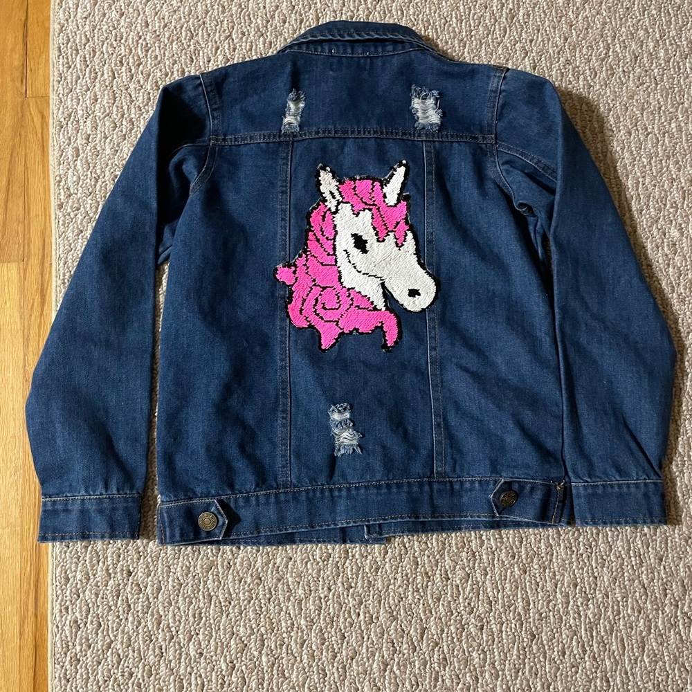Lola and the boys unicorn flip sequins denim jacket large girls 10